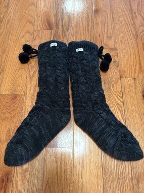 UGG Black Cable-Knit Pom Pom Slipper Socks